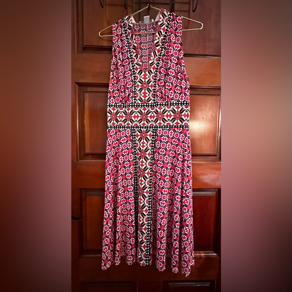 London Times Pink Black White Patterned Sleeveless Midi Dress